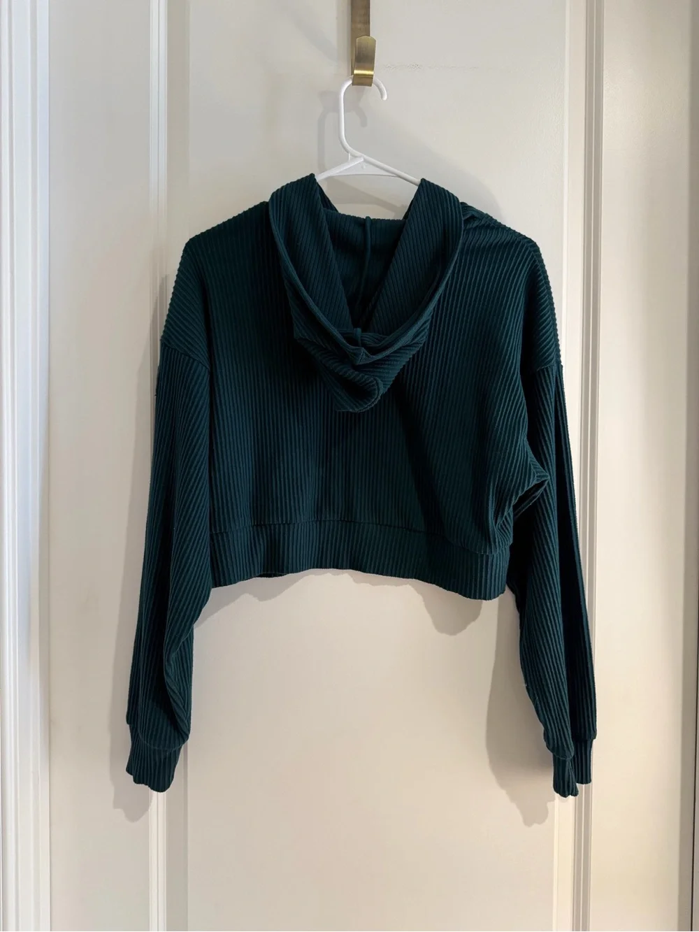 Alo Crop Ribbed Hoodie in Midnight Green